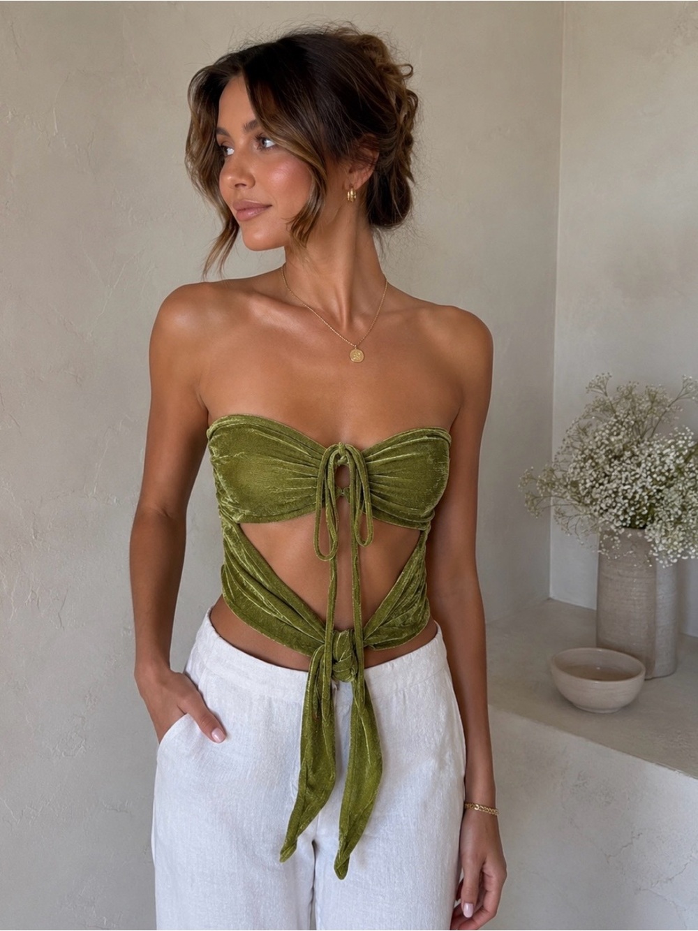 Urban Outfitters Olive Green Velvet Strapless Tie-Front Crop Top